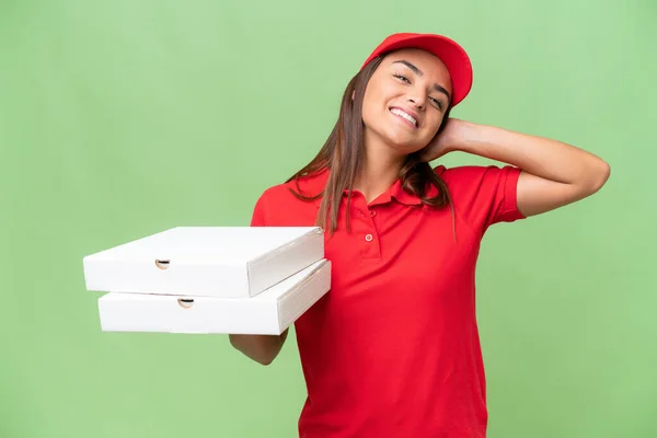 Pizza Delivery Caucasian Woman Work Uniform Picking Pizza Boxes Isolated — Stok fotoğraf