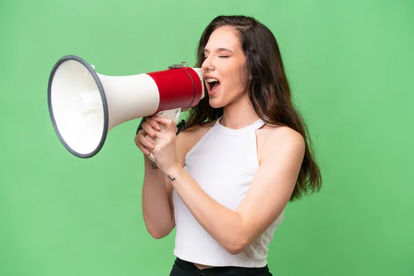 Young Caucasian Woman Isolated Isolated Background Shouting Megaphone — Stock Photo, Image