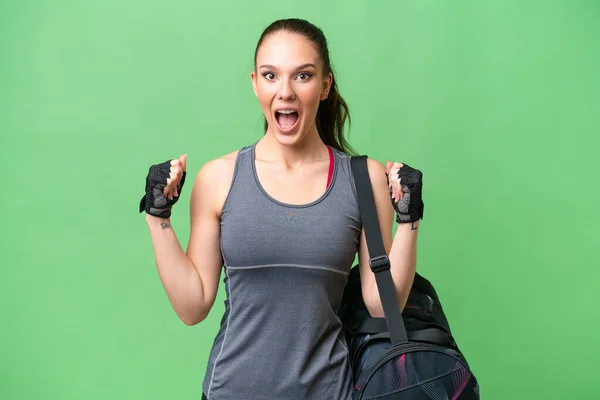 Young Sport Woman Sport Bag Isolated Background Celebrating Victory Winner — Foto Stock