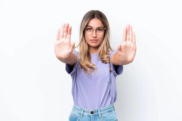 Young Uruguayan Woman Isolated White Background Making Stop Gesture Disappointed — стоковое фото