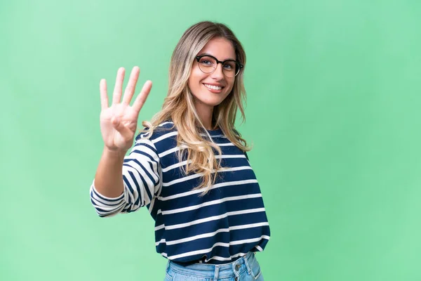 Young Uruguayan Woman Isolated Background Happy Counting Four Fingers — 스톡 사진