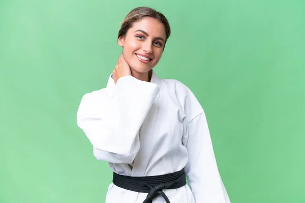 Joven Uruguaya Haciendo Karate Sobre Fondo Aislado Riendo — Foto de Stock