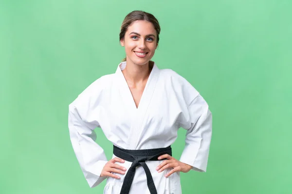 Mujer Uruguaya Joven Sobre Fondo Aislado Haciendo Karate Posando Con — Foto de Stock