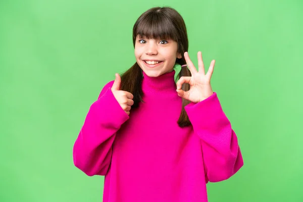 Little Caucasian Girl Isolated Background Showing Sign Thumb Gesture — Stock Photo, Image