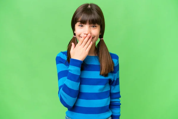 Little Caucasian Girl Isolated Background Happy Smiling Covering Mouth Hand — Stock Photo, Image
