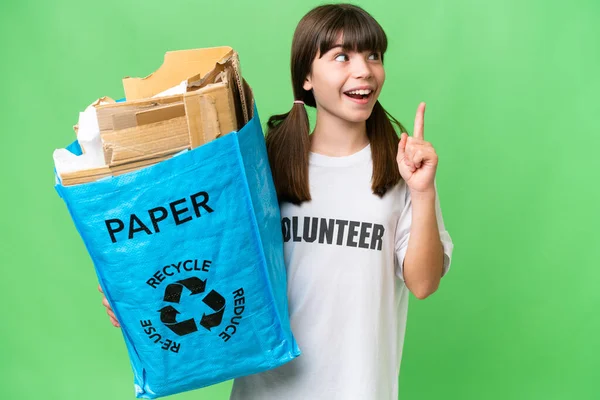 Little Caucasian Girl Holding Recycling Bag Full Paper Recycle Isolated — Stock Photo, Image