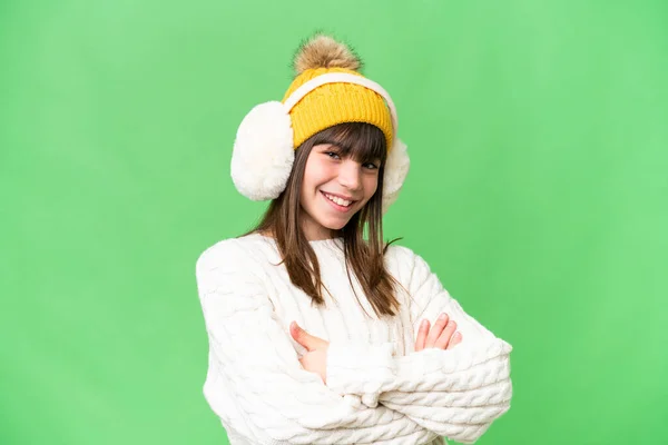 Little Caucasian Girl Wearing Winter Muffs Isolated Background Keeping Arms — Stock Photo, Image