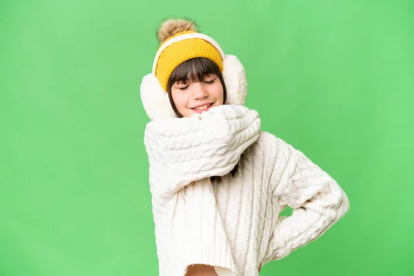 Menina Caucasiana Vestindo Regalos Inverno Sobre Fundo Isolado Sofrendo Dor — Fotografia de Stock