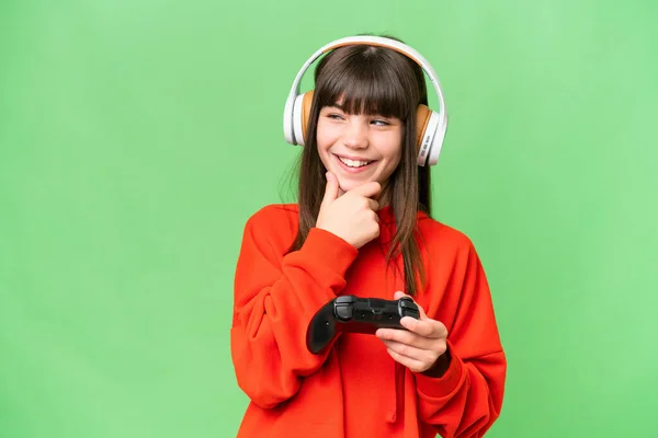 Little Caucasian Girl Playing Video Game Controller Isolated Background Looking — Photo