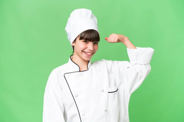 Piccola Ragazza Chef Caucasico Sfondo Isolato Facendo Gesto Forte — Foto Stock