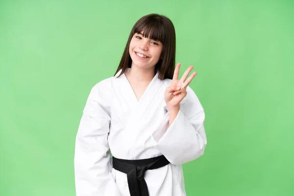 Kis Kaukázusi Lány Csinál Karate Elszigetelt Háttér Boldog Számolás Három — Stock Fotó