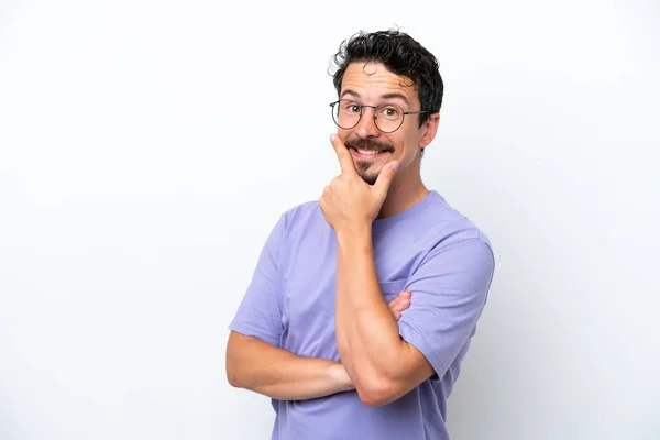 Young Man Moustache Isolated White Background Happy Smiling — Foto de Stock