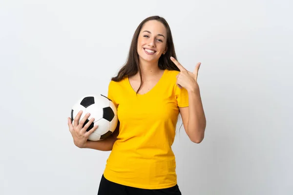 Jovem Jogador Futebol Mulher Sobre Fundo Branco Isolado Dando Gesto — Fotografia de Stock