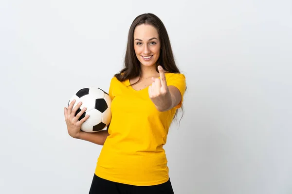 Jeune Footballeuse Femme Sur Fond Blanc Isolé Faisant Geste Venir — Photo