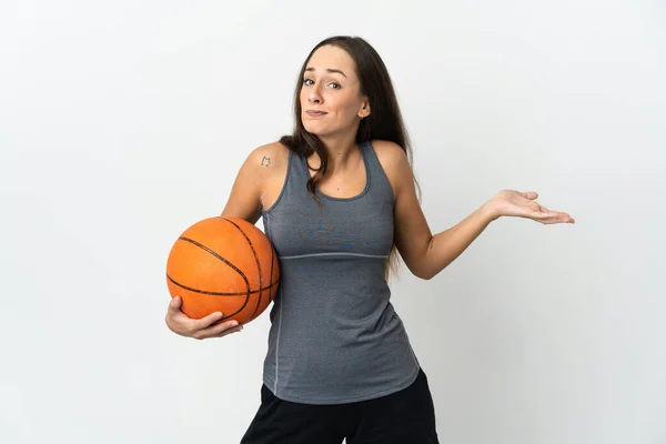 Young Woman Playing Basketball Isolated White Background Having Doubts While — Foto de Stock