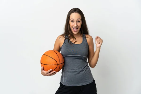 Young Woman Playing Basketball Isolated White Background Celebrating Victory Winner — Stok fotoğraf