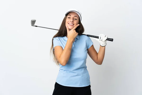 Jovem Golfista Mulher Sobre Isolado Fundo Branco Feliz Sorrindo — Fotografia de Stock