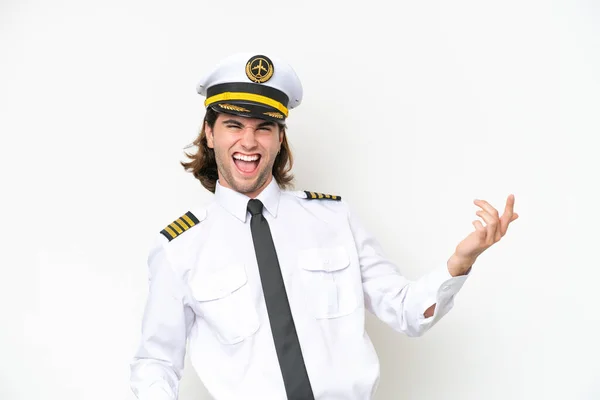 Knap Vliegtuig Piloot Geïsoleerd Witte Achtergrond Maken Gitaar Gebaar — Stockfoto
