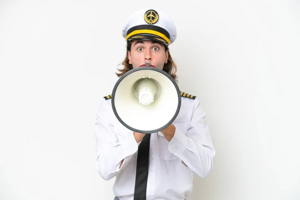Handsome Airplane Pilot Isolated White Background Shouting Megaphone — Stockfoto