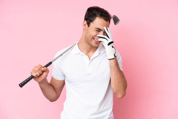 Young Golfer Player Man Isolated Pink Background Laughing — 图库照片