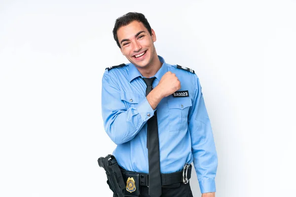 Молодой Кавказский Полицейский Белом Фоне Празднует Победу — стоковое фото
