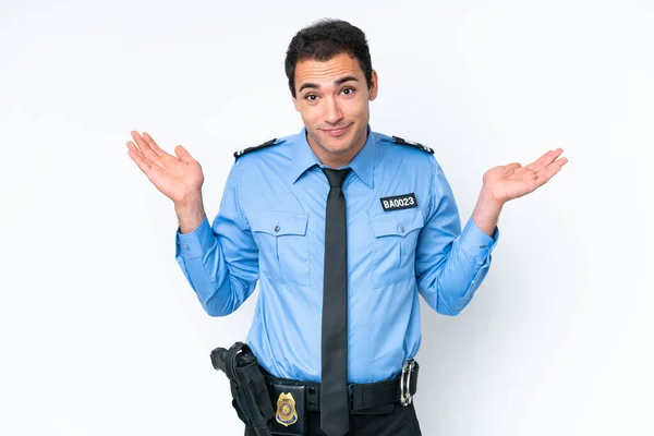 Young Police Caucasian Man Isolated White Background Having Doubts While — Stockfoto