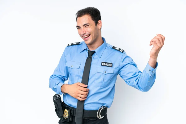 Jonge Politie Kaukasische Man Geïsoleerd Witte Achtergrond Maken Gitaar Gebaar — Stockfoto