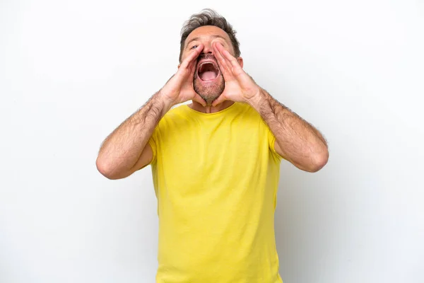 Middle Age Caucasian Man Isolated White Background Shouting Announcing Something — Stock Photo, Image