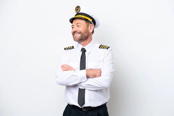 Flugzeug Mittleren Alters Pilot Isoliert Auf Weißem Hintergrund Glücklich Und — Stockfoto