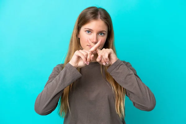 Young Blonde Woman Isolated Blue Background Showing Sign Silence Gesture — Stock Photo, Image