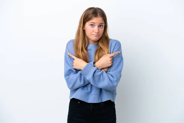 Ung Blond Kvinna Isolerad Vit Bakgrund Pekar Laterals Har Tvivel — Stockfoto