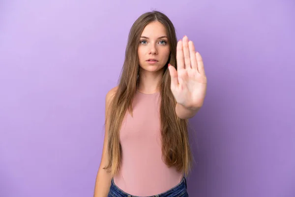 Young Lithuanian Woman Isolated Purple Background Making Stop Gesture — Foto Stock