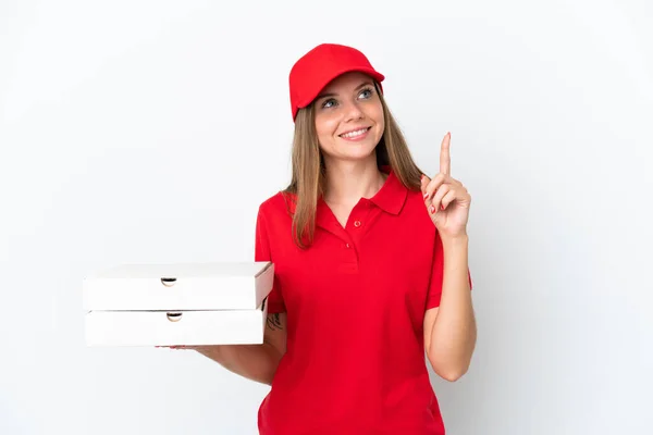 stock image Pizza delivery Lithuanian woman isolated on white background pointing up a great idea