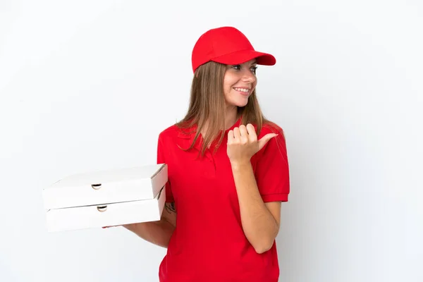 Pizza Delivery Lithuanian Woman Isolated White Background Pointing Side Present — Foto Stock
