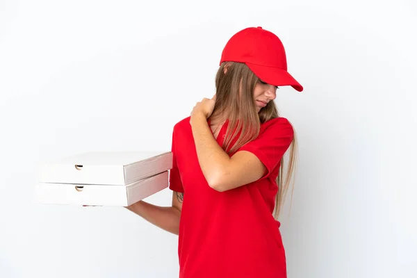 Consegna Pizza Donna Lituana Isolata Sfondo Bianco Che Soffre Dolore — Foto Stock