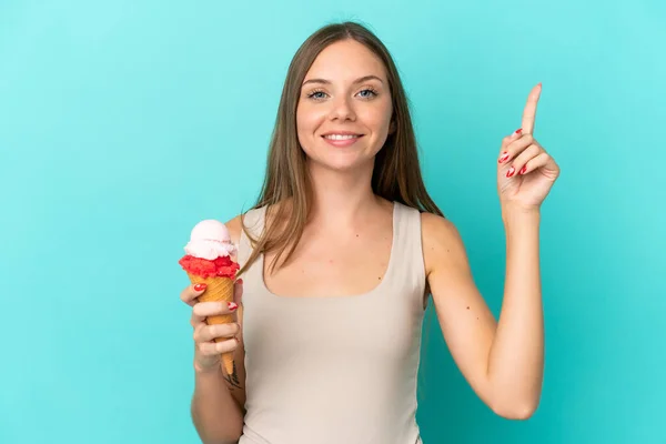 Young Lithuanian Woman Cornet Ice Cream Isolated Blue Background Pointing —  Fotos de Stock