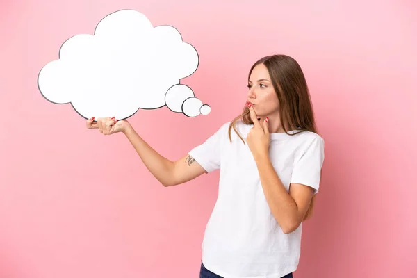 Young Lithuanian Woman Isolated Pink Background Holding Thinking Speech Bubble — Stock Photo, Image