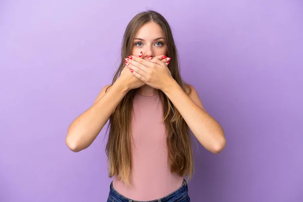 Young Lithuanian Woman Isolated Purple Background Covering Mouth Hands — Stock Photo, Image