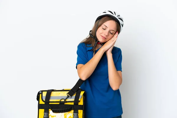 Lithuanian Woman Thermal Backpack Making Sleep Gesture Dorable Expression — Stock Photo, Image