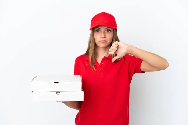 Pizza Mulher Lituana Entrega Isolado Fundo Branco Mostrando Polegar Para — Fotografia de Stock