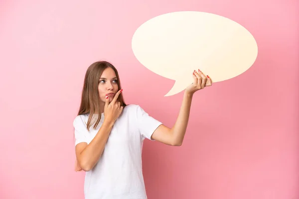 Young Lithuanian Woman Isolated Pink Background Holding Empty Speech Bubble — Stock Photo, Image