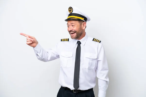 Airplane Middle Age Pilot Isolated White Background Pointing Finger Side — Fotografia de Stock