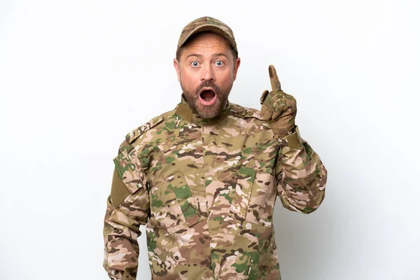 Military Man Isolated White Background Thinking Idea Pointing Finger — Stock Photo, Image