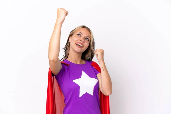 stock image Teenager Russian girl isolated on white background in superhero costume and celebrating a victory