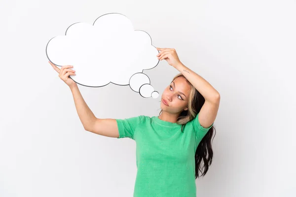 Teenager Russian Girl Isolated Blue Background Holding Thinking Speech Bubble — Stock Photo, Image