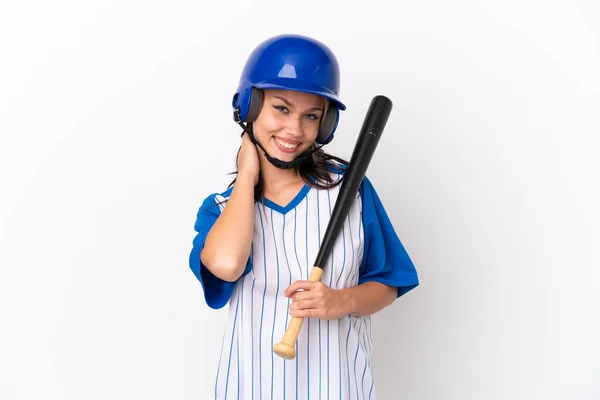 Baseball Rusky Dívka Hráč Helmou Pálkou Izolované Bílém Pozadí Směje — Stock fotografie