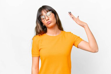 Young caucasian woman over isolated white background with tired and sick expression