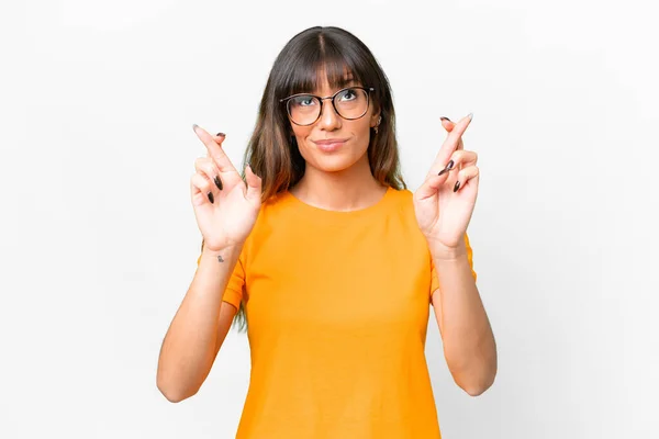Young Caucasian Woman Isolated White Background Fingers Crossing Wishing Best — Stock Fotó