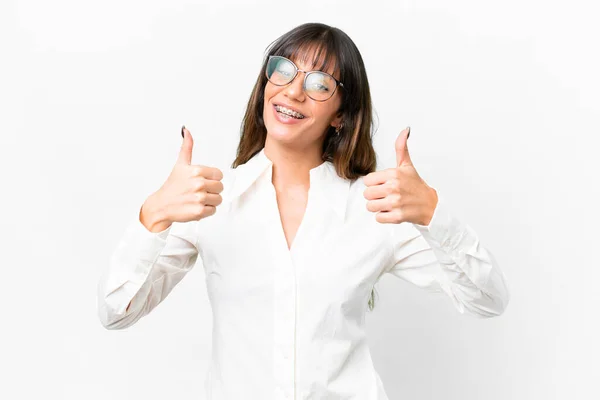 Young Caucasian Woman Isolated White Background Giving Thumbs Gesture — 스톡 사진