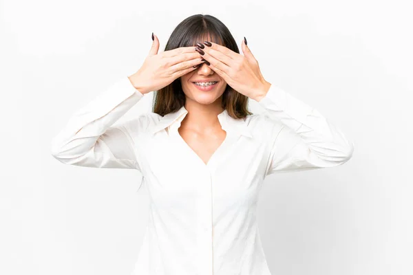 Young Caucasian Woman Isolated White Background Covering Eyes Hands Smiling — 스톡 사진